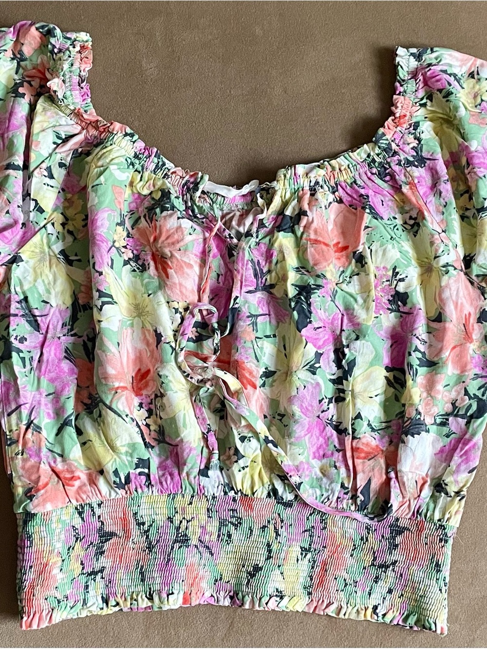 Lush Pastel Floral Smocked Crop Top - Pink, Green, Yellow, Coral